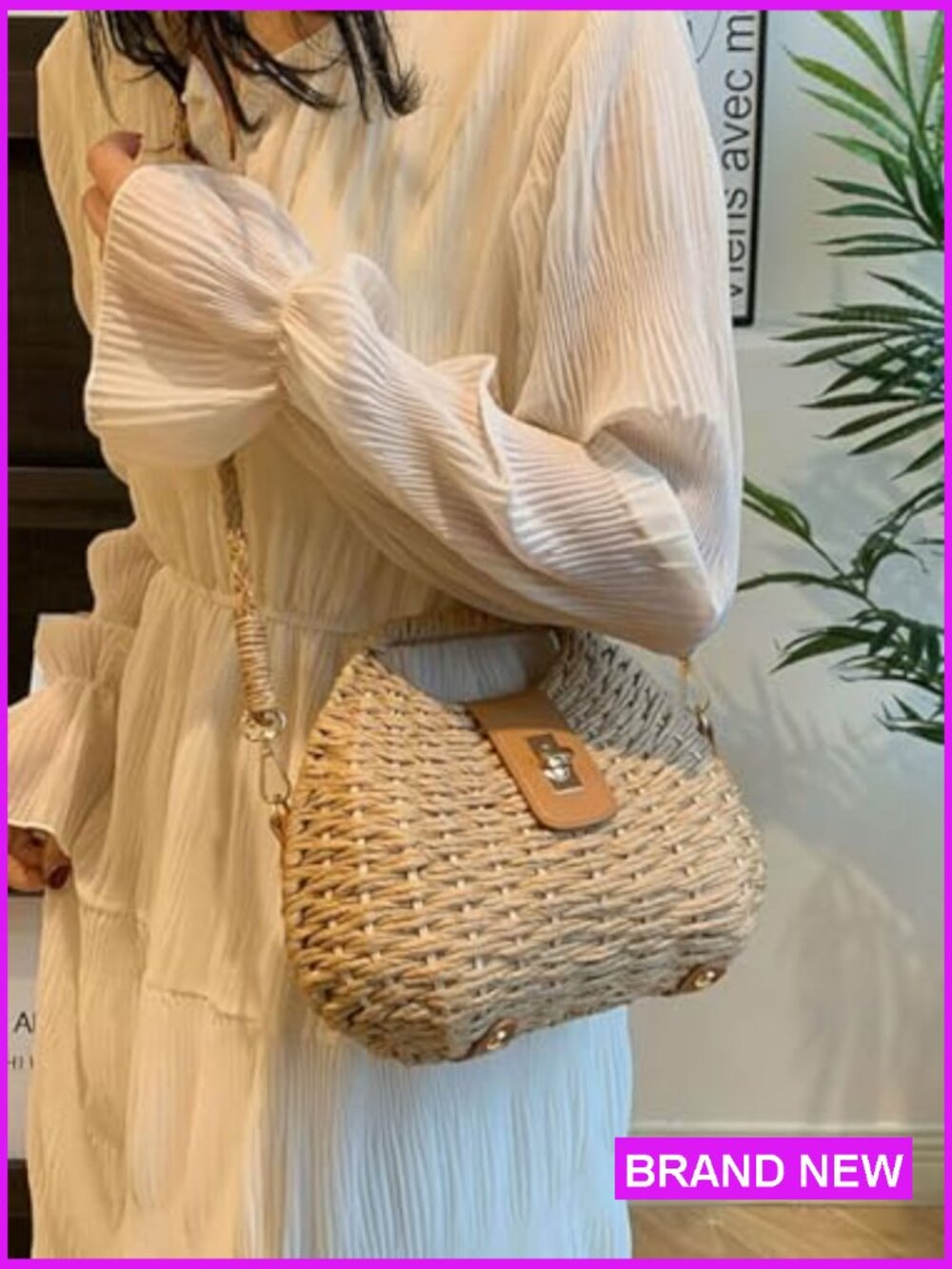 Handmade Straw Woven Beach Clutch Crossbody Shoulder Bag Summer Vacation Shell - Picture 3 of 7